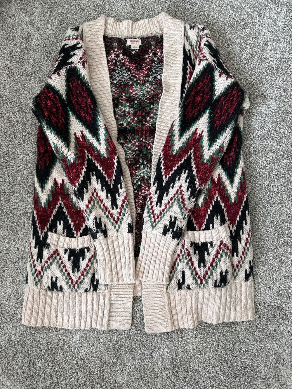 Mossimo Supply Co. Cream Open-Front Cardigan with Burgundy & Green Pattern
